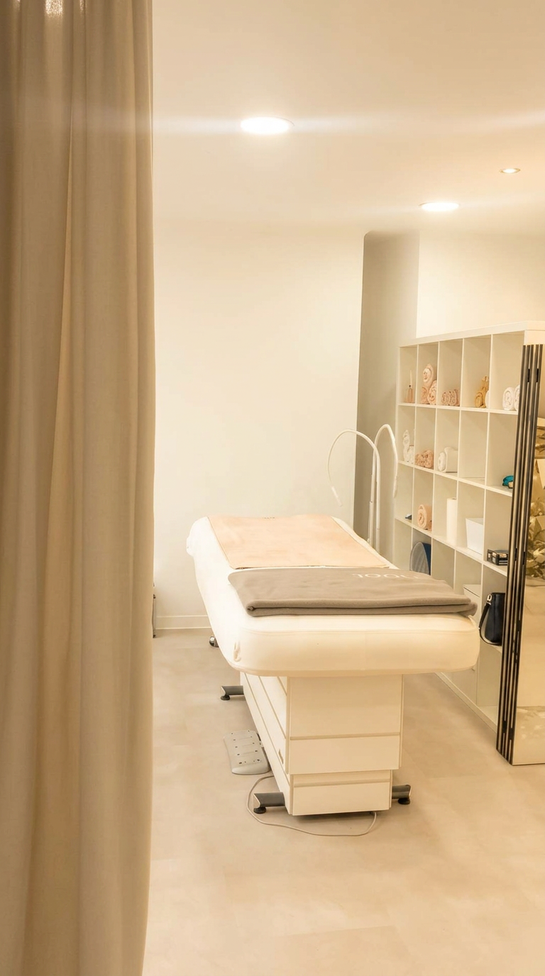Behandlungskabine mit Liege und Pflegeprodukten bei Beauty Secrets in Wedel