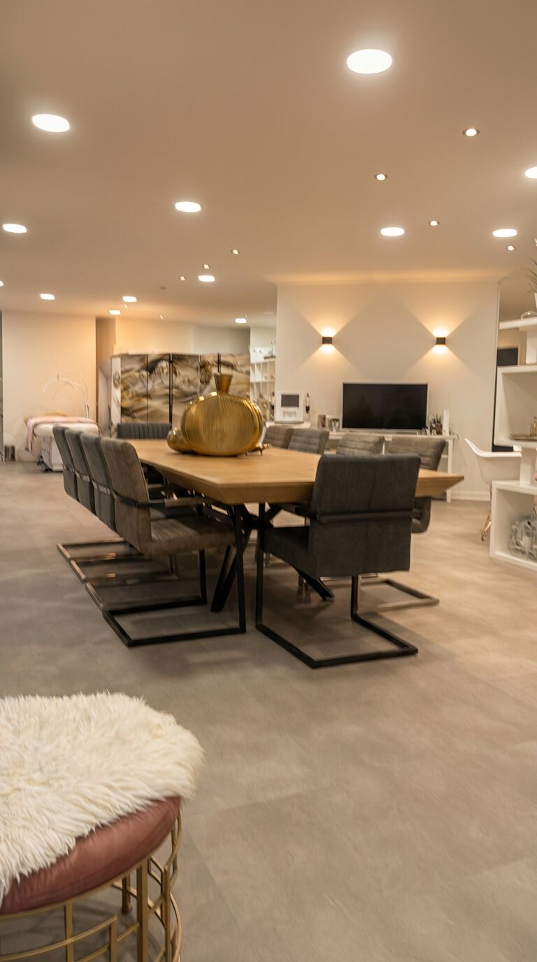 Eleganter Lounge-Bereich mit Lichtspots und TV bei Beauty Secrets